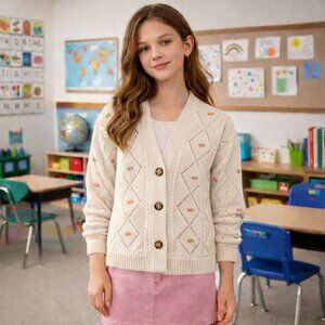 Cozy Cottagecore Cream Colored Cardigan with Sweet Pink Rosette Ribbon Flowers